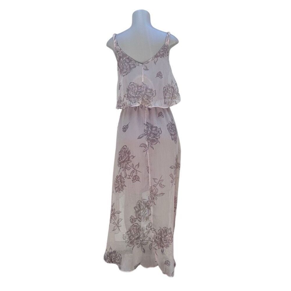 Love21 Popover High Low Dress Women's Medium Pink Taupe Floral Chiffon V-neck - Picture 7 of 14